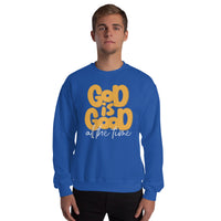 Man Wearing A Royal Blue God Is Good All The Time Sweatshirt