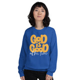 Woman Wearing A Royal Blue God Is Good All The Time Sweatshirt