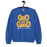 Front View Of A Royal Blue God Is Good All The Time Sweatshirt On Hanger