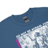 He Has Risen Sweatshirt Close Up Details In Indigo Blue