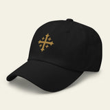 Black DAD HAT with gold JERUSALEM CROSS on a beige background
