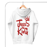 Back View Of A White Jesus Is King Hoodie On Hanger