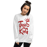 Woman Wearing A White Jesus Is King Sweatshirt