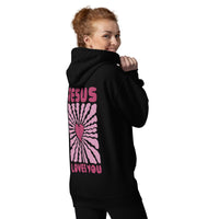 Woman Wearing A Black Jesus Loves You Hoodie