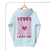 Jesus Loves You Hoodie On Hanger In Sky Bue