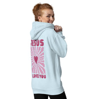 Woman Wearing A Jesus Loves You Hoodie In Sky Blue
