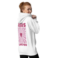 Woman Wearing A White Jesus Loves You Hoodie