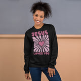 Woman Wearing A Black Jesus Loves You Sweatshirt