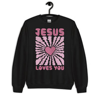 Front View Of A Black Jesus Loves You Sweatshirt On Hanger