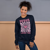Woman Wearing A Jesus Loves You Sweatshirt In Navy