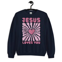 Front View Of A Navy Jesus Loves You Sweatshirt On Hanger