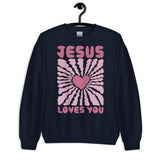 Front View Of A Navy Jesus Loves You Sweatshirt On Hanger