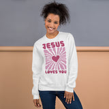 Woman Wearing A White Jesus Loves You Sweatshirt