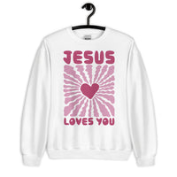 Front View Of A Jesus Loves You Sweatshirt On Hanger In White