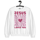 Front View Of A Jesus Loves You Sweatshirt On Hanger In White