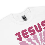 Close Up Of A White Jesus Loves You Sweatshirt