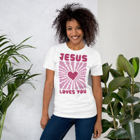 Woman Wearing A White Jesus Loves You T-shirt 