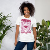 Woman Wearing A White Jesus Loves You T-shirt 