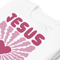 Close Up Of A White Jesus Loves You T-shirt 
