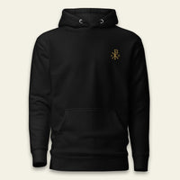 A black pullover hoodie with a small CHI RHO embroidered on the left chest.