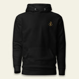 A black pullover hoodie with a small CHI RHO embroidered on the left chest.