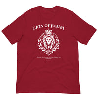 Red t-shirt with white lion design and text on a white background