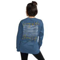 Woman Wearing A Living Water Eternal Life Sweatshirt In Indigo Blue