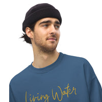 Man Wearing A Living Water Eternal Life Sweatshirt In Indigo Blue, Front View