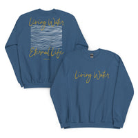 Back And Front View Of A Living Water Eternal Life Sweatshirt In Indigo Blue