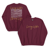 Back And Front View Of A Maroon Living Water Eternal Life Sweatshirt 