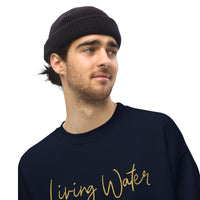Man Wearing A Navy Living Water Eternal Life Sweatshirt, Front View