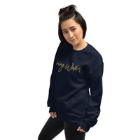 Woman Wearing A Navy Living Water Eternal Life Sweatshirt, Front View