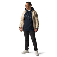 Man Wearing A Navy Pray Hoodie