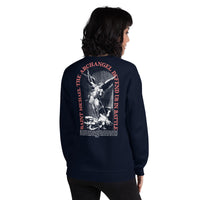 Woman Wearing A Navy Saint Michael Sweatshirt 