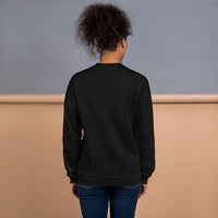 Woman Wearing A Black Smile Jesus Loves You Sweatshirt, Back View