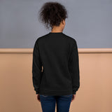 Woman Wearing A Black Smile Jesus Loves You Sweatshirt, Back View