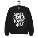 Black Smile Jesus Loves You Sweatshirt On Hanger