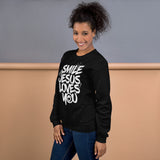 Woman Wearing A Black Smile Jesus Loves You Sweatshirt, Front Left View