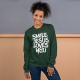 Woman Wearing A Forest Green Smile Jesus Loves You Sweatshirt