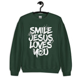 Forest Green Smile Jesus Loves You Sweatshirt On Hanger
