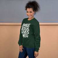 Woman Wearing A Forest Green Smile Jesus Loves You Sweatshirt, Front Left View