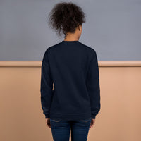 Woman Wearing A Navy Smile Jesus Loves You Sweatshirt, Back View