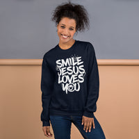Woman Wearing A Navy Smile Jesus Loves You Sweatshirt