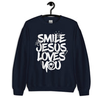 Navy Smile Jesus Loves You Sweatshirt On Hanger