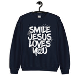 Navy Smile Jesus Loves You Sweatshirt On Hanger
