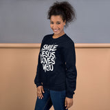 Woman Wearing A Navy Smile Jesus Loves You Sweatshirt, Front Left View