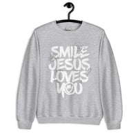 Front View Of A Smile Jesus Loves You Sweatshirt In Sport Grey On Hanger