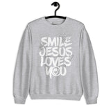 Front View Of A Smile Jesus Loves You Sweatshirt In Sport Grey On Hanger