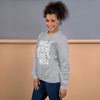 Woman Wearing A Sport Grey Smile Jesus Loves You Sweatshirt, Front Left View