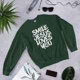 Front View Of A Forest Green Smile Jesus Loves You Sweatshirt